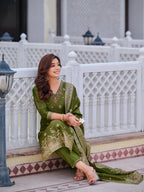 Pure Banarasi Jacquard Hand Embroidered Kurta With Pant & Banarasi Jacquard Dupatta, Green - Hiral Fashion | Grocsy