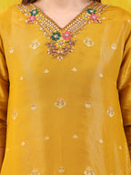 Pure Banarasi Jacquard Hand Embroidered Kurta With Pant & Banarasi Jacquard Dupatta, Yellow - Hiral Fashion | Grocsy