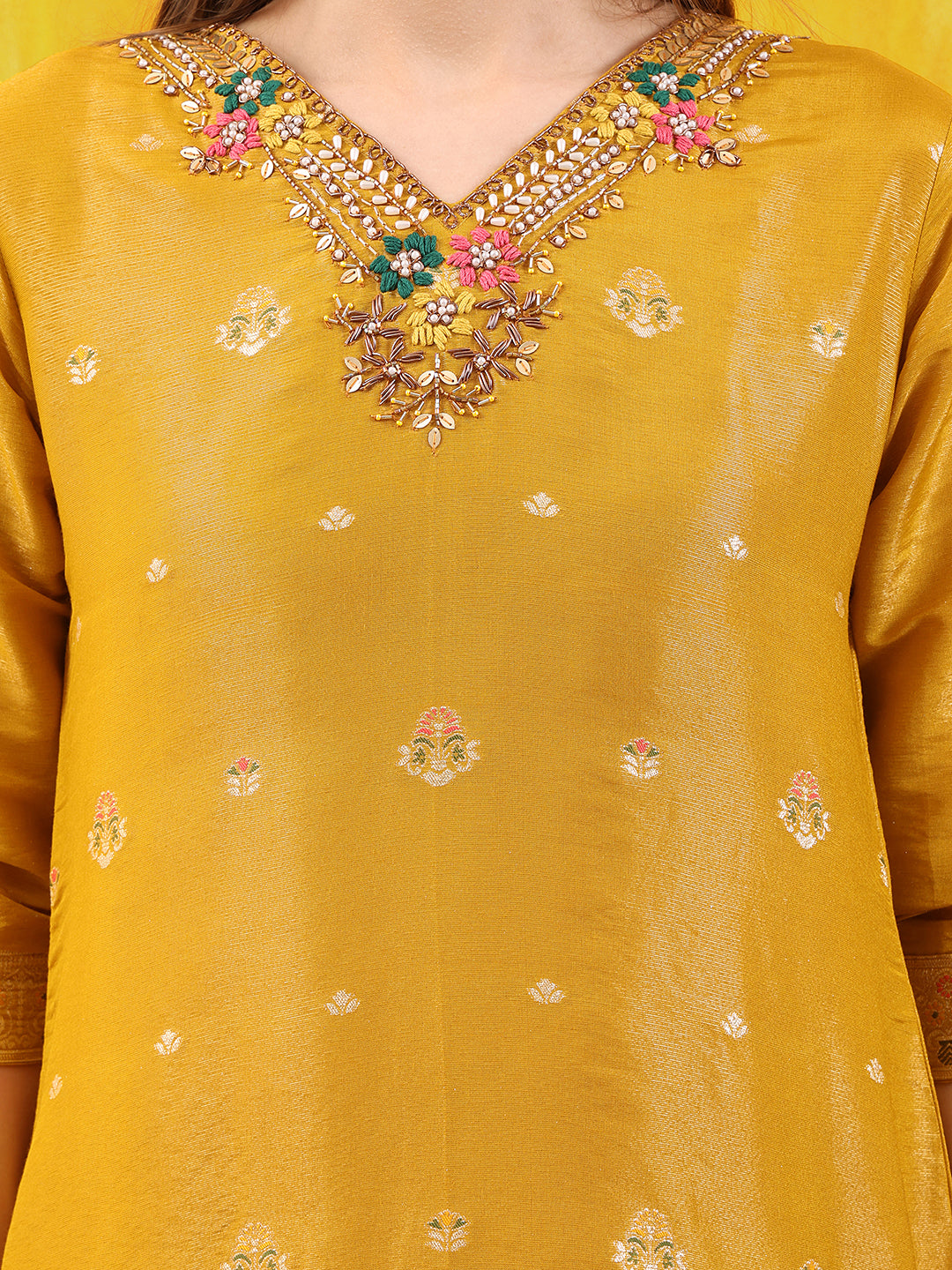 Pure Banarasi Jacquard Hand Embroidered Kurta With Pant & Banarasi Jacquard Dupatta, Yellow - Hiral Fashion | Grocsy