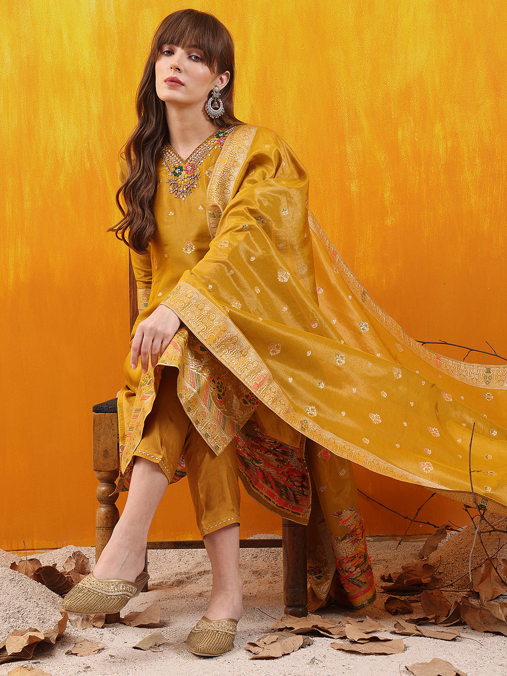 Pure Banarasi Jacquard Hand Embroidered Kurta With Pant & Banarasi Jacquard Dupatta, Yellow - Hiral Fashion | Grocsy