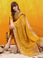 Pure Banarasi Jacquard Hand Embroidered Kurta With Pant & Banarasi Jacquard Dupatta, Yellow - Hiral Fashion | Grocsy