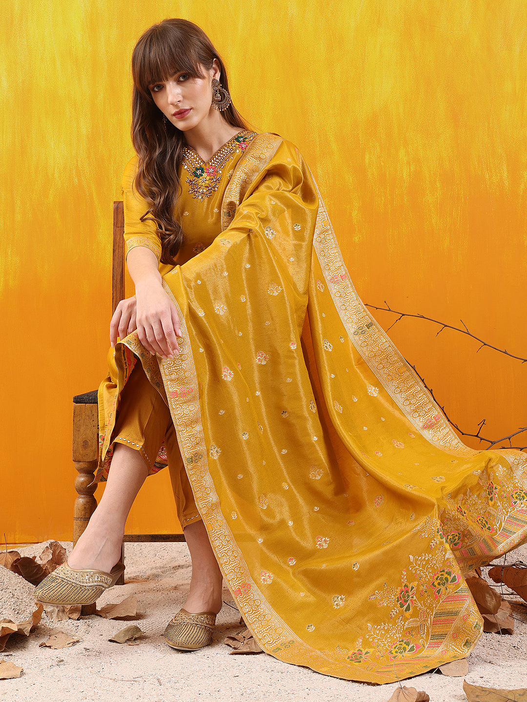 Pure Banarasi Jacquard Hand Embroidered Kurta With Pant & Banarasi Jacquard Dupatta, Yellow - Hiral Fashion | Grocsy