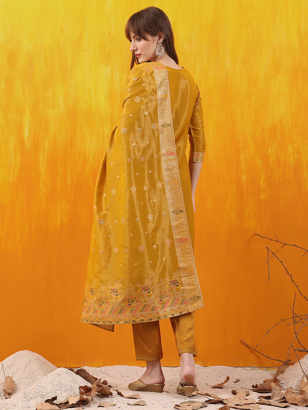 Pure Banarasi Jacquard Hand Embroidered Kurta With Pant & Banarasi Jacquard Dupatta, Yellow - Hiral Fashion | Grocsy