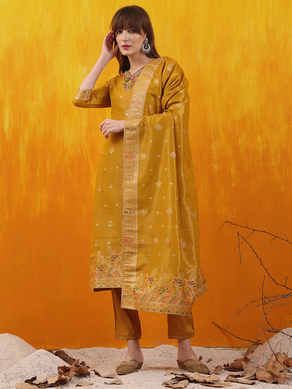 Pure Banarasi Jacquard Hand Embroidered Kurta With Pant & Banarasi Jacquard Dupatta, Yellow - Hiral Fashion | Grocsy