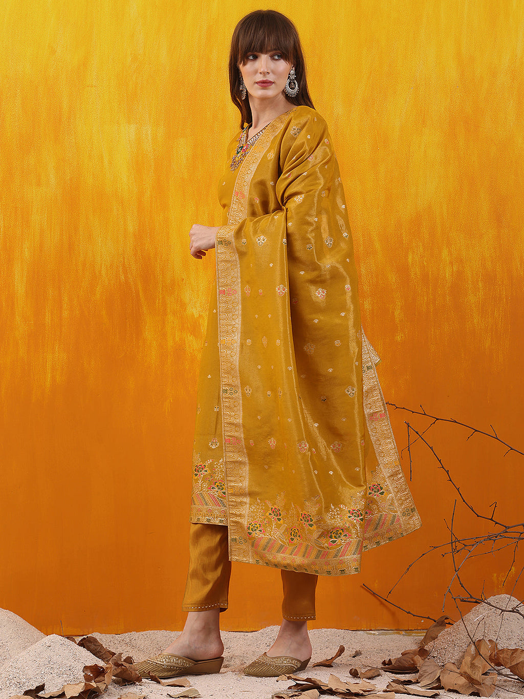 Pure Banarasi Jacquard Hand Embroidered Kurta With Pant & Banarasi Jacquard Dupatta, Yellow - Hiral Fashion | Grocsy