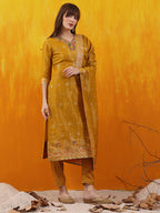 Pure Banarasi Jacquard Hand Embroidered Kurta With Pant & Banarasi Jacquard Dupatta, Yellow - Hiral Fashion | Grocsy