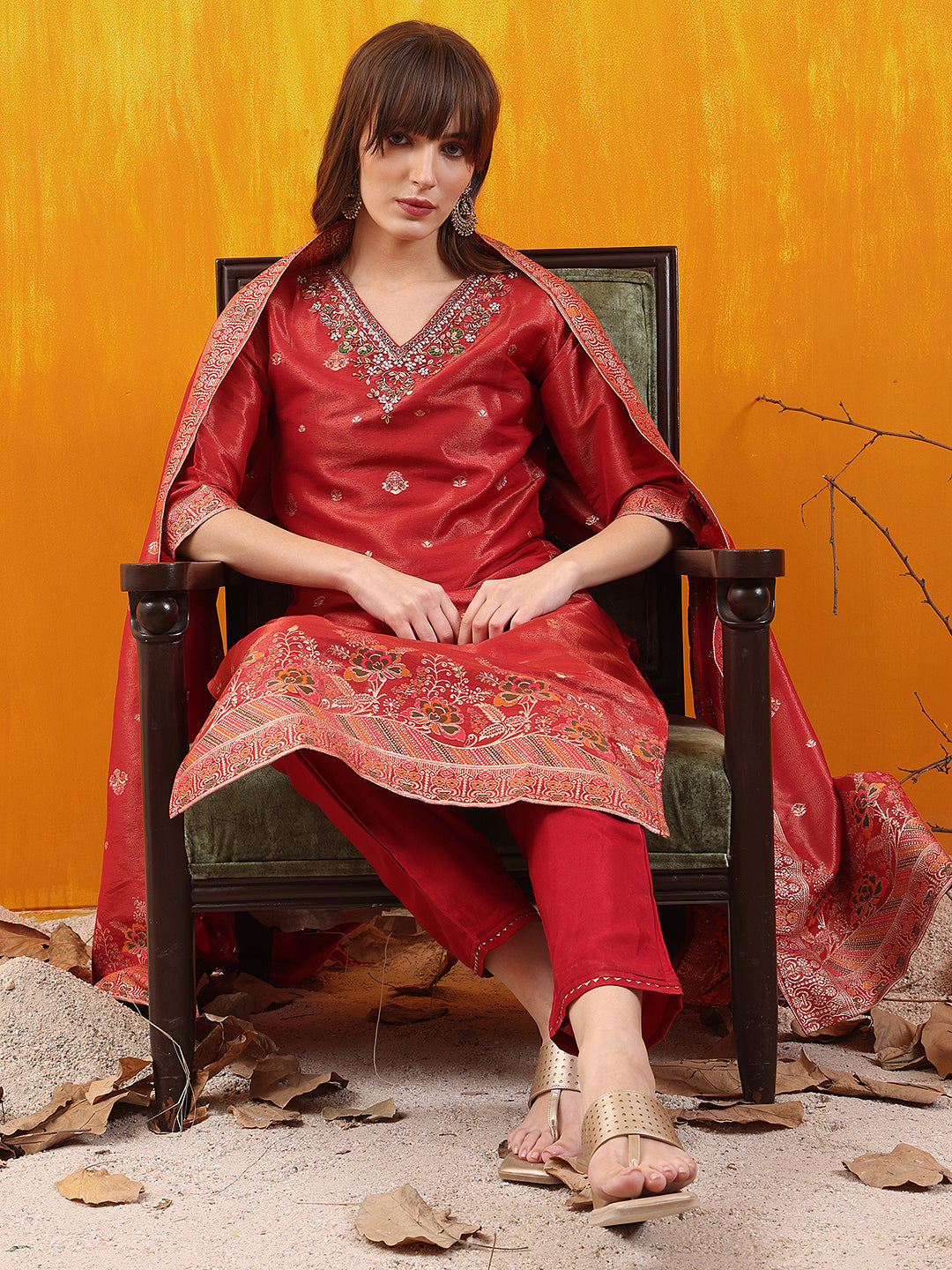 Pure Banarasi Jacquard Hand Embroidered Kurta With Pant & Banarasi Jacquard Dupatta, Red - Hiral Fashion | Grocsy