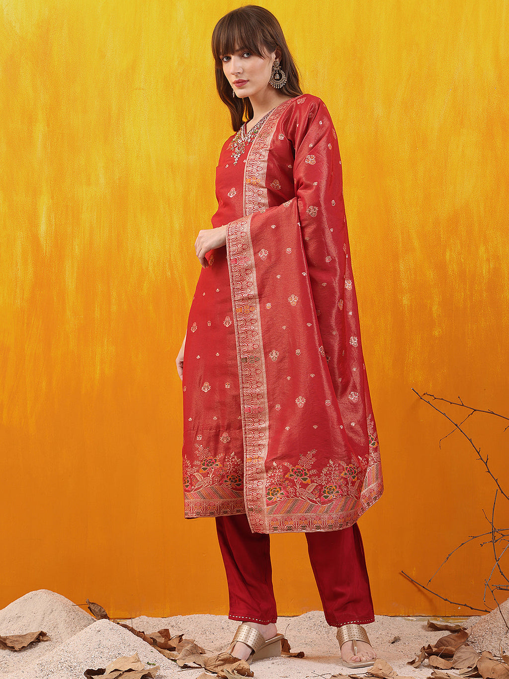 Pure Banarasi Jacquard Hand Embroidered Kurta With Pant & Banarasi Jacquard Dupatta, Red - Hiral Fashion | Grocsy