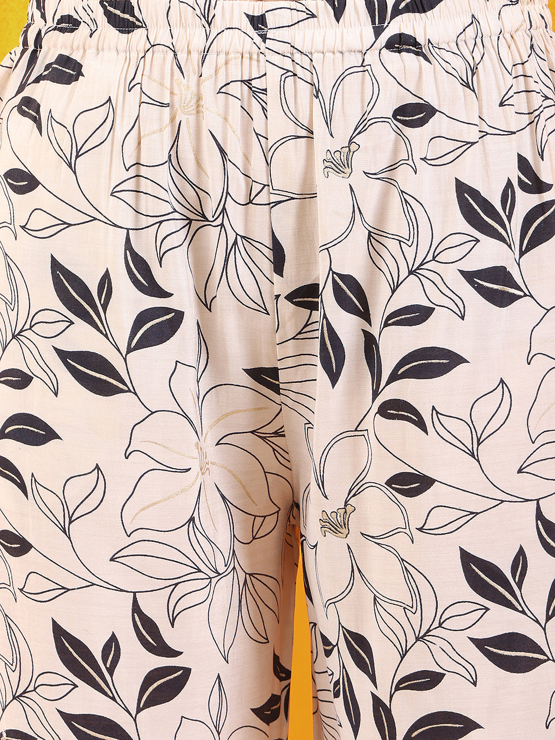 Embroidered And Floral Printed Lace Detailed Kurta With Palazzo Pant & Dupatta, White - Hiral Fashion | Grocsy