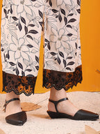 Embroidered And Floral Printed Lace Detailed Kurta With Palazzo Pant & Dupatta, White - Hiral Fashion | Grocsy