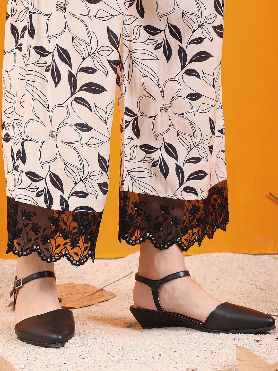 Embroidered And Floral Printed Lace Detailed Kurta With Palazzo Pant & Dupatta, White - Hiral Fashion | Grocsy