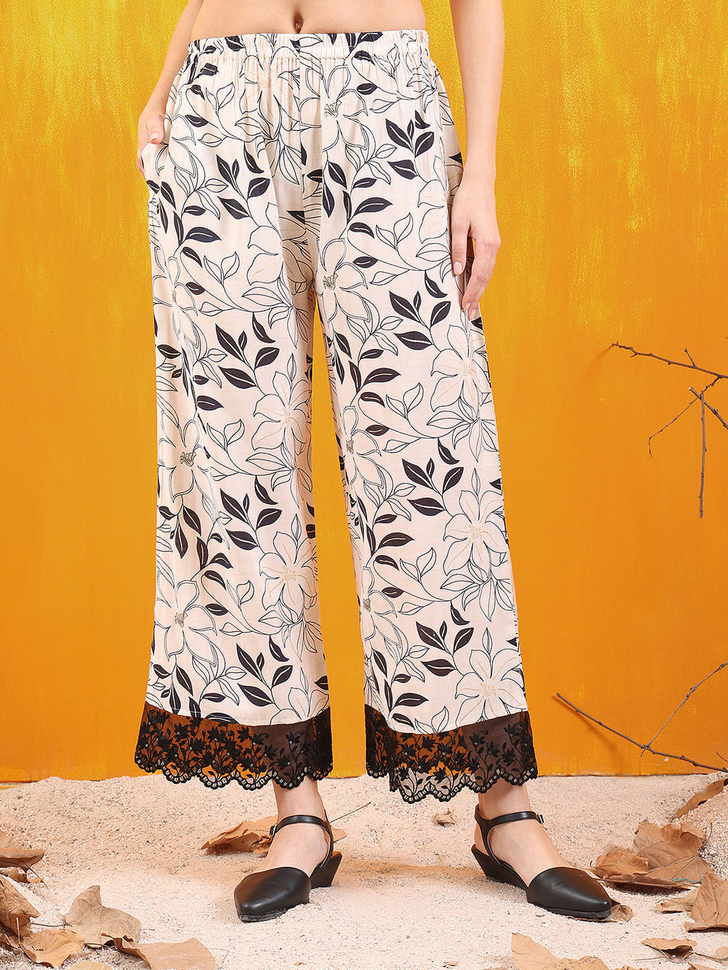 Embroidered And Floral Printed Lace Detailed Kurta With Palazzo Pant & Dupatta, White - Hiral Fashion | Grocsy