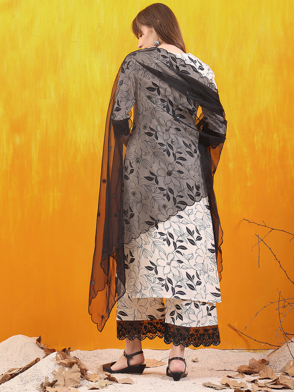 Embroidered And Floral Printed Lace Detailed Kurta With Palazzo Pant & Dupatta, White - Hiral Fashion | Grocsy