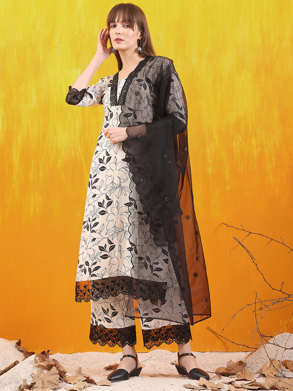 Embroidered And Floral Printed Lace Detailed Kurta With Palazzo Pant & Dupatta, White - Hiral Fashion | Grocsy