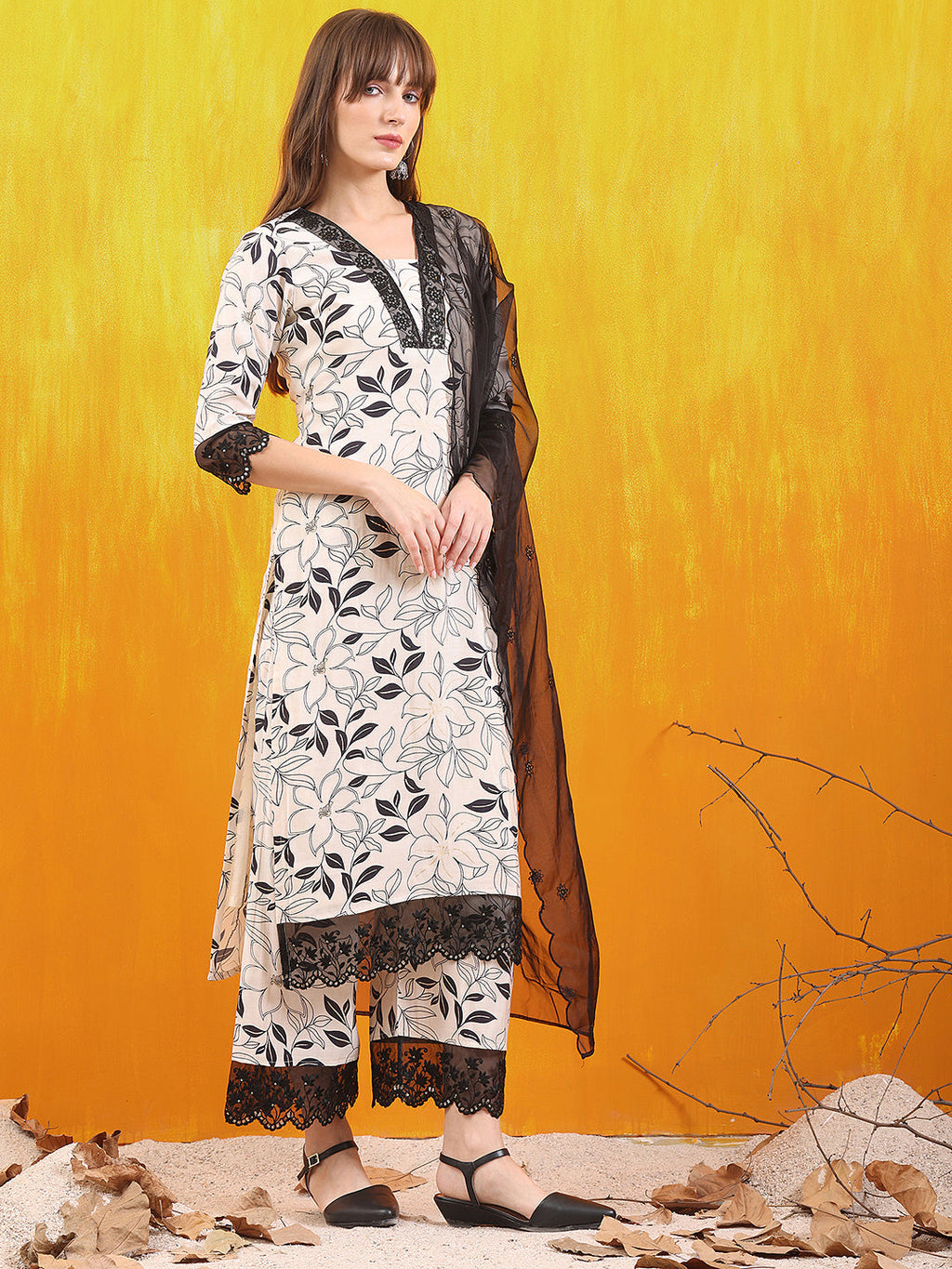 Embroidered And Floral Printed Lace Detailed Kurta With Palazzo Pant & Dupatta, White - Hiral Fashion | Grocsy