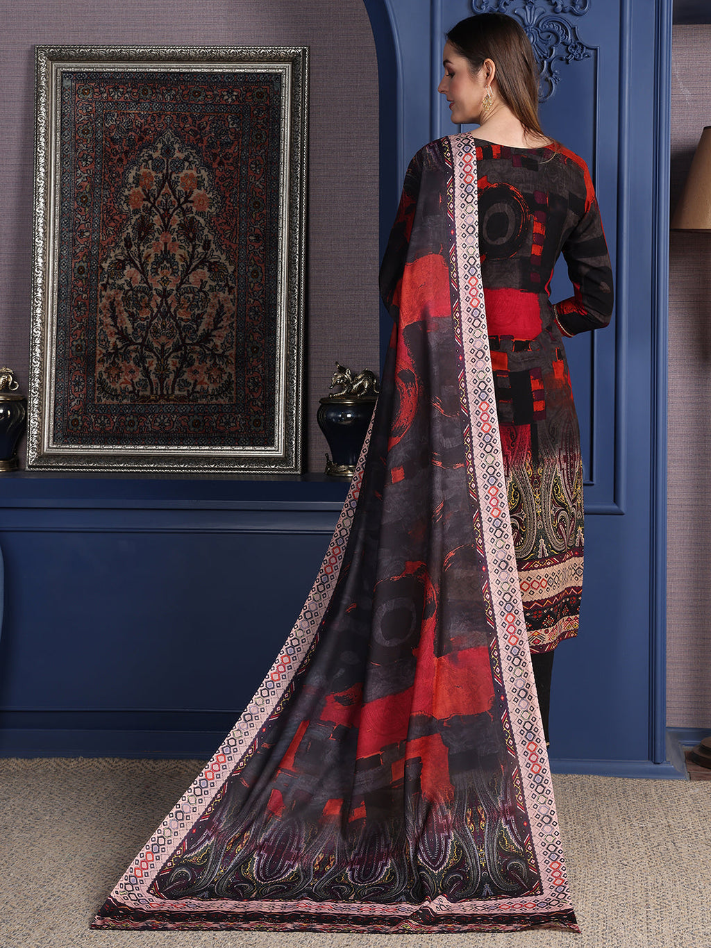 Hand Embroidered & Printed Kurta With Pant & Dupatta, Black - Hiral Fashion | Grocsy
