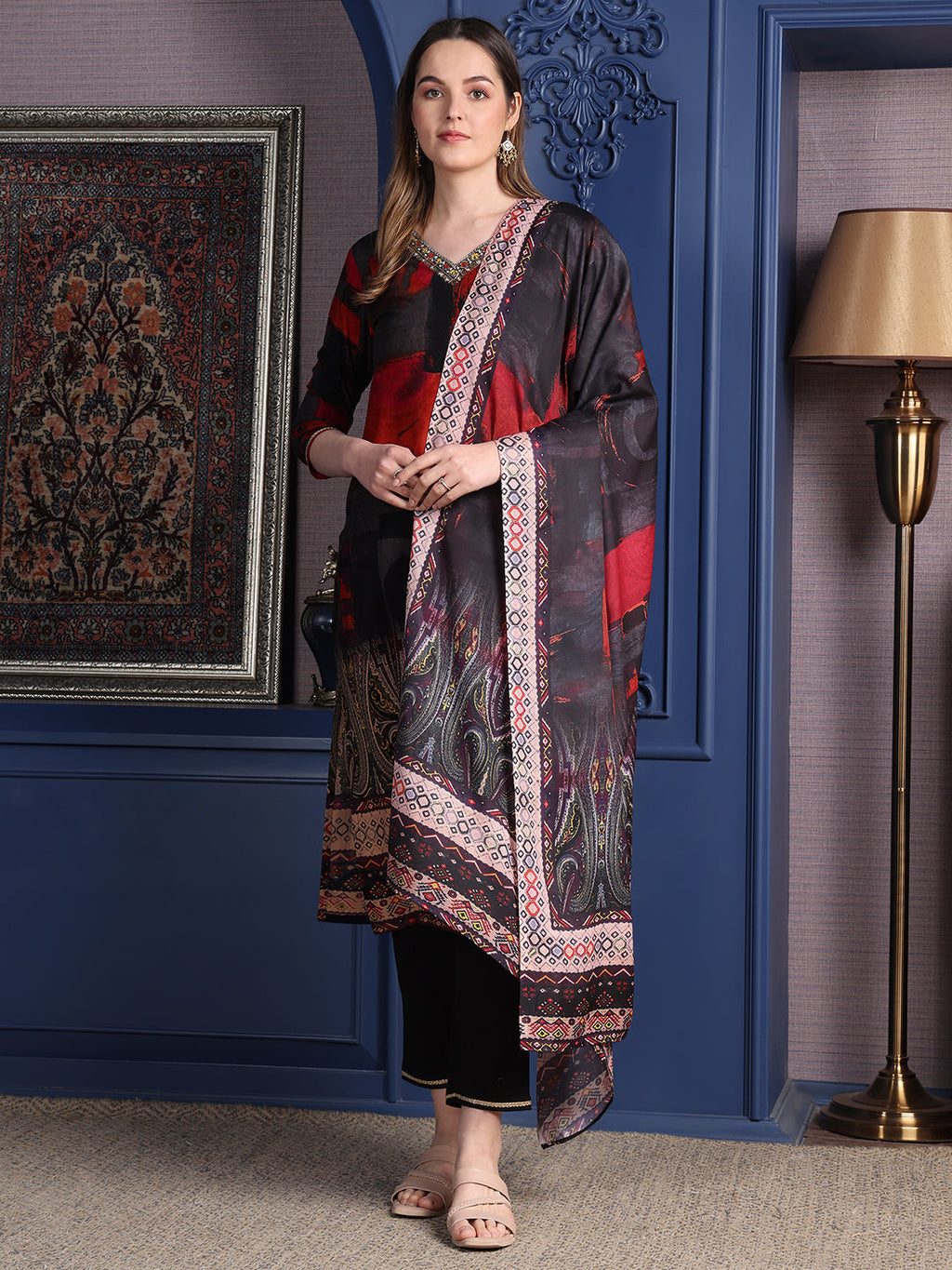 Hand Embroidered & Printed Kurta With Pant & Dupatta, Black - Hiral Fashion | Grocsy
