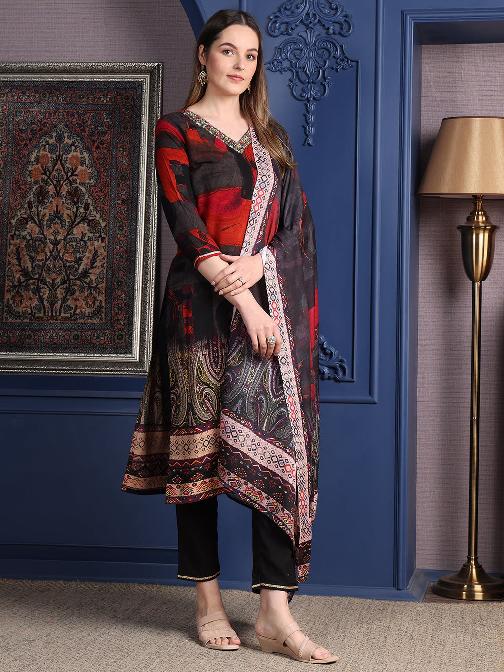 Hand Embroidered & Printed Kurta With Pant & Dupatta, Black - Hiral Fashion | Grocsy