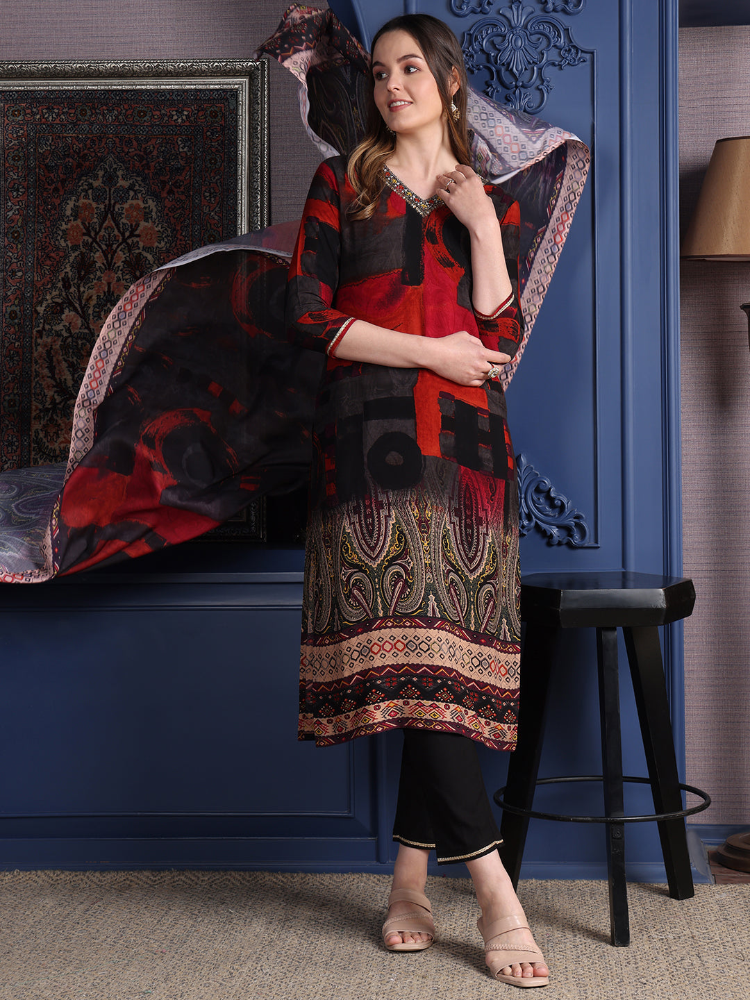 Hand Embroidered & Printed Kurta With Pant & Dupatta, Black - Hiral Fashion | Grocsy