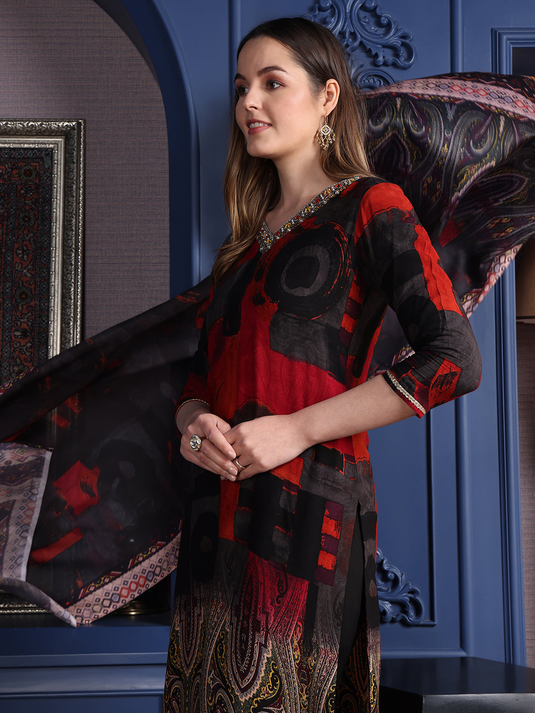 Hand Embroidered & Printed Kurta With Pant & Dupatta, Black - Hiral Fashion | Grocsy