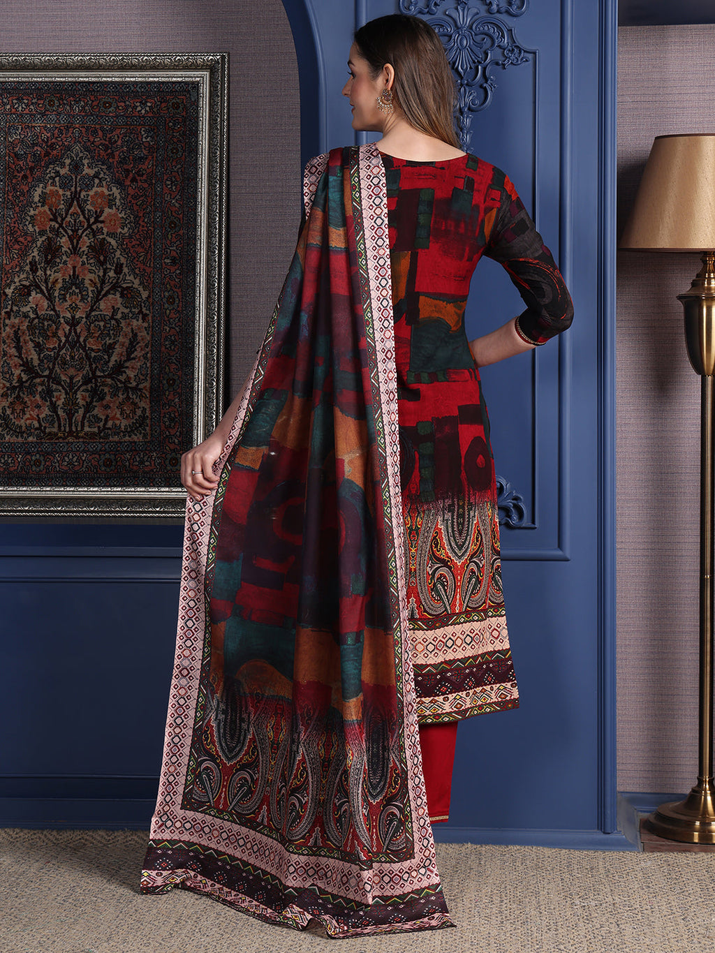 Hand Embroidered & Printed Kurta With Pant & Dupatta, Maroon - Hiral Fashion | Grocsy