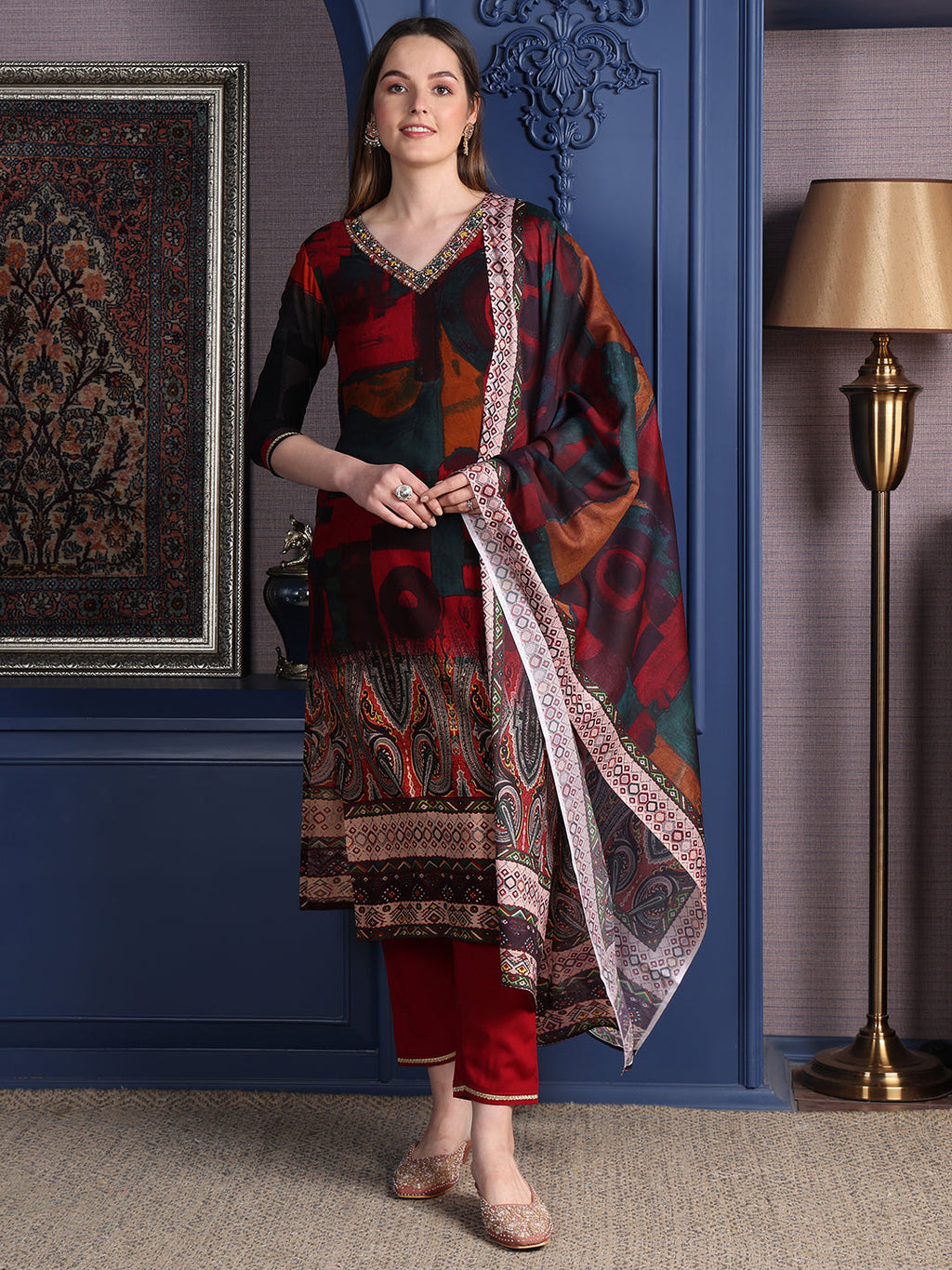 Hand Embroidered & Printed Kurta With Pant & Dupatta, Maroon - Hiral Fashion | Grocsy