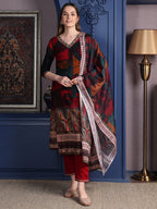 Hand Embroidered & Printed Kurta With Pant & Dupatta, Maroon - Hiral Fashion | Grocsy