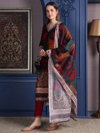 Hand Embroidered & Printed Kurta With Pant & Dupatta, Maroon - Hiral Fashion | Grocsy