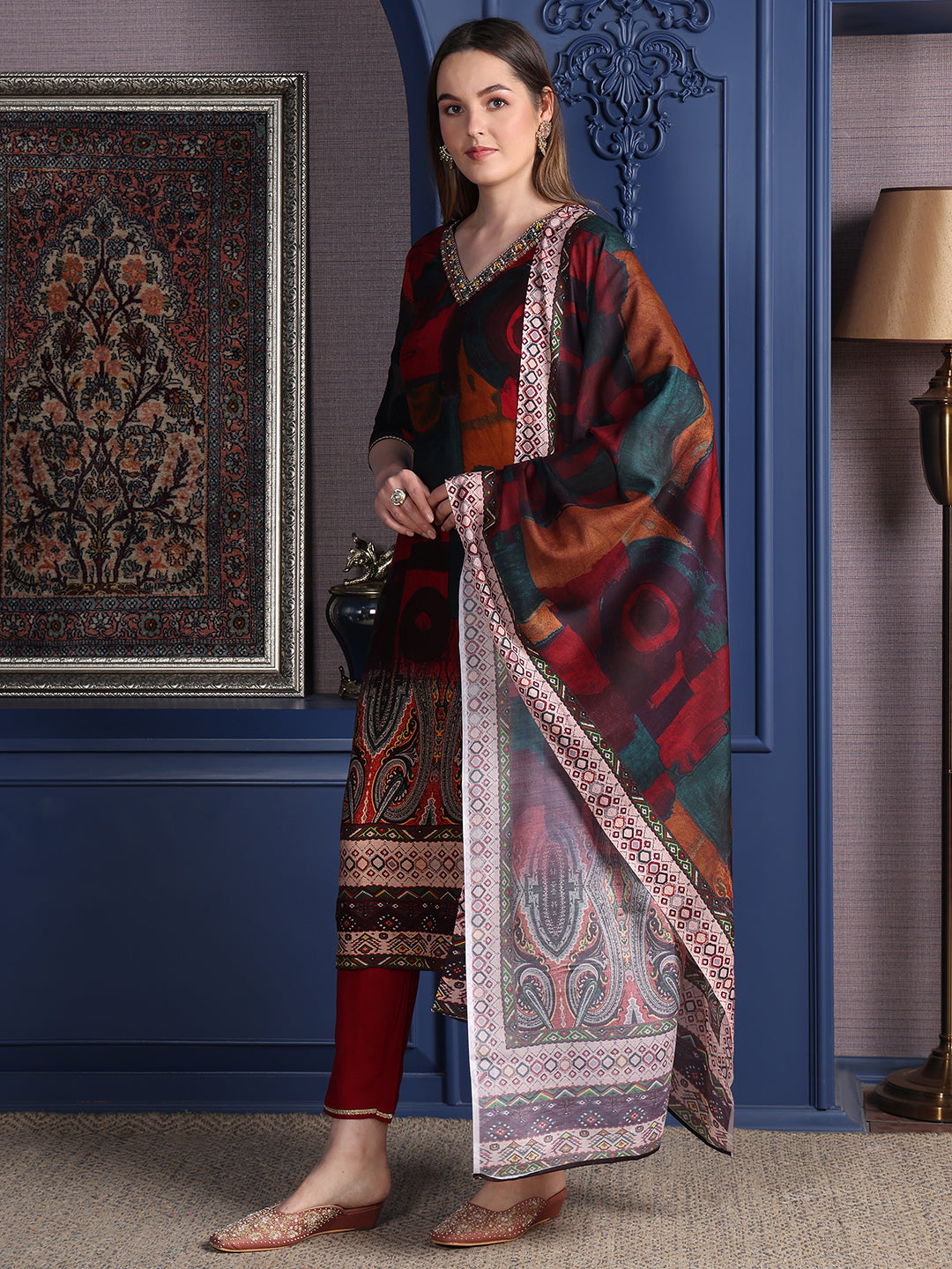 Hand Embroidered & Printed Kurta With Pant & Dupatta, Maroon - Hiral Fashion | Grocsy