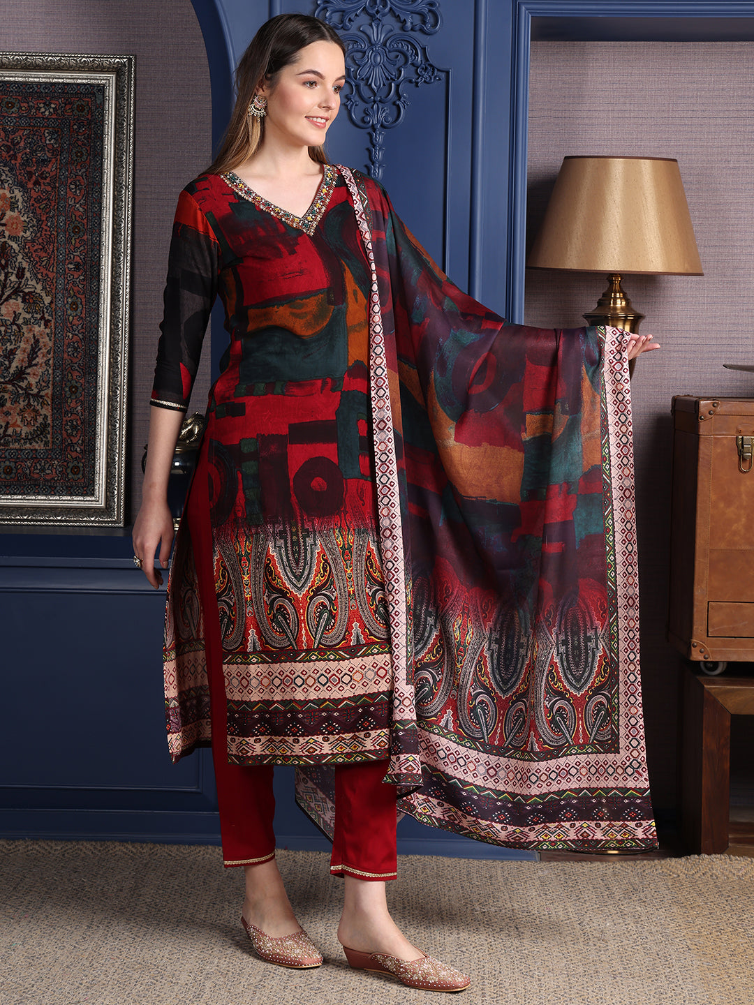 Hand Embroidered & Printed Kurta With Pant & Dupatta, Maroon - Hiral Fashion | Grocsy