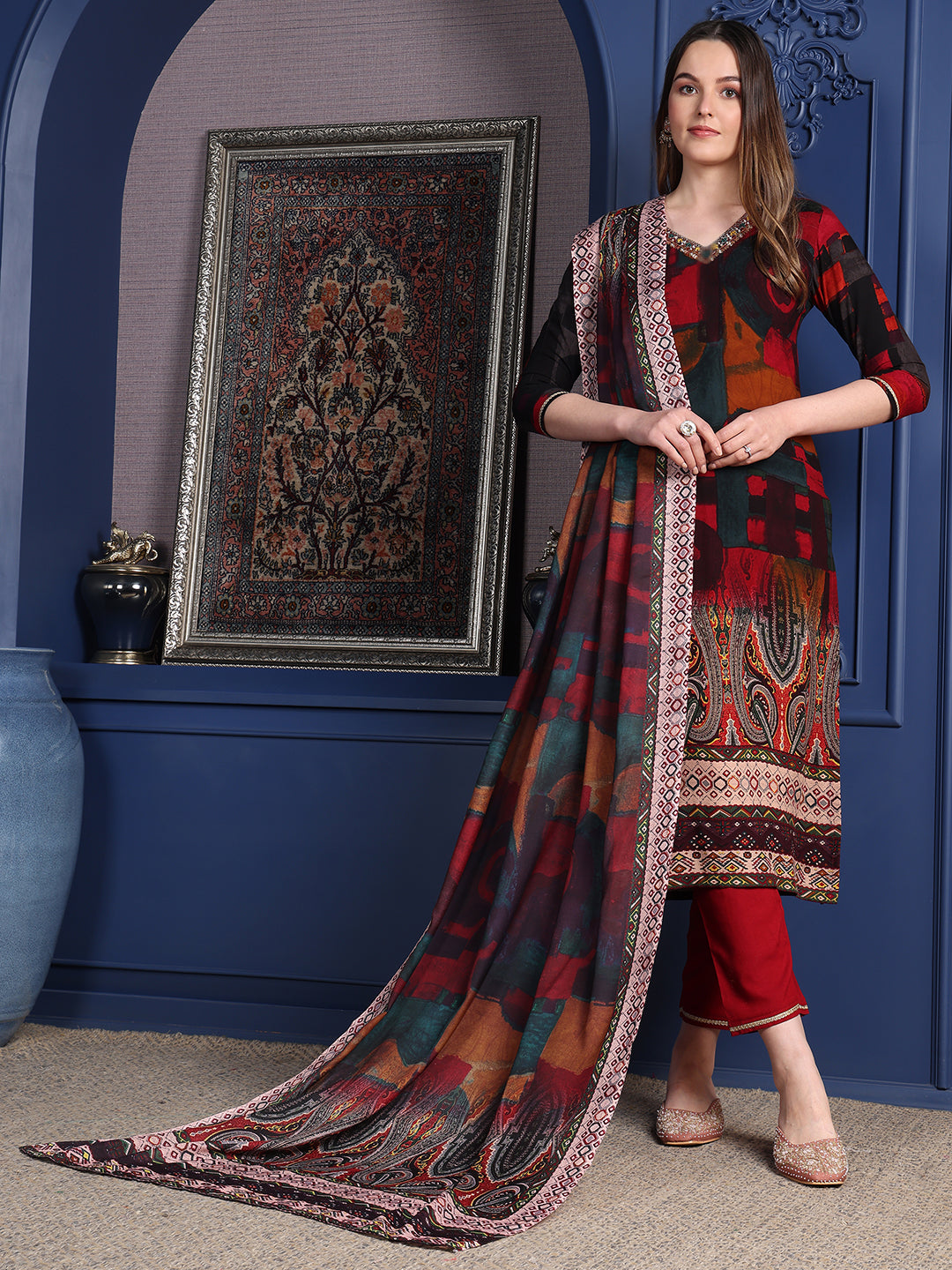 Hand Embroidered & Printed Kurta With Pant & Dupatta, Maroon - Hiral Fashion | Grocsy