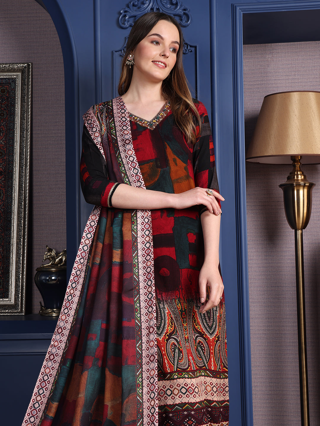 Hand Embroidered & Printed Kurta With Pant & Dupatta, Maroon - Hiral Fashion | Grocsy