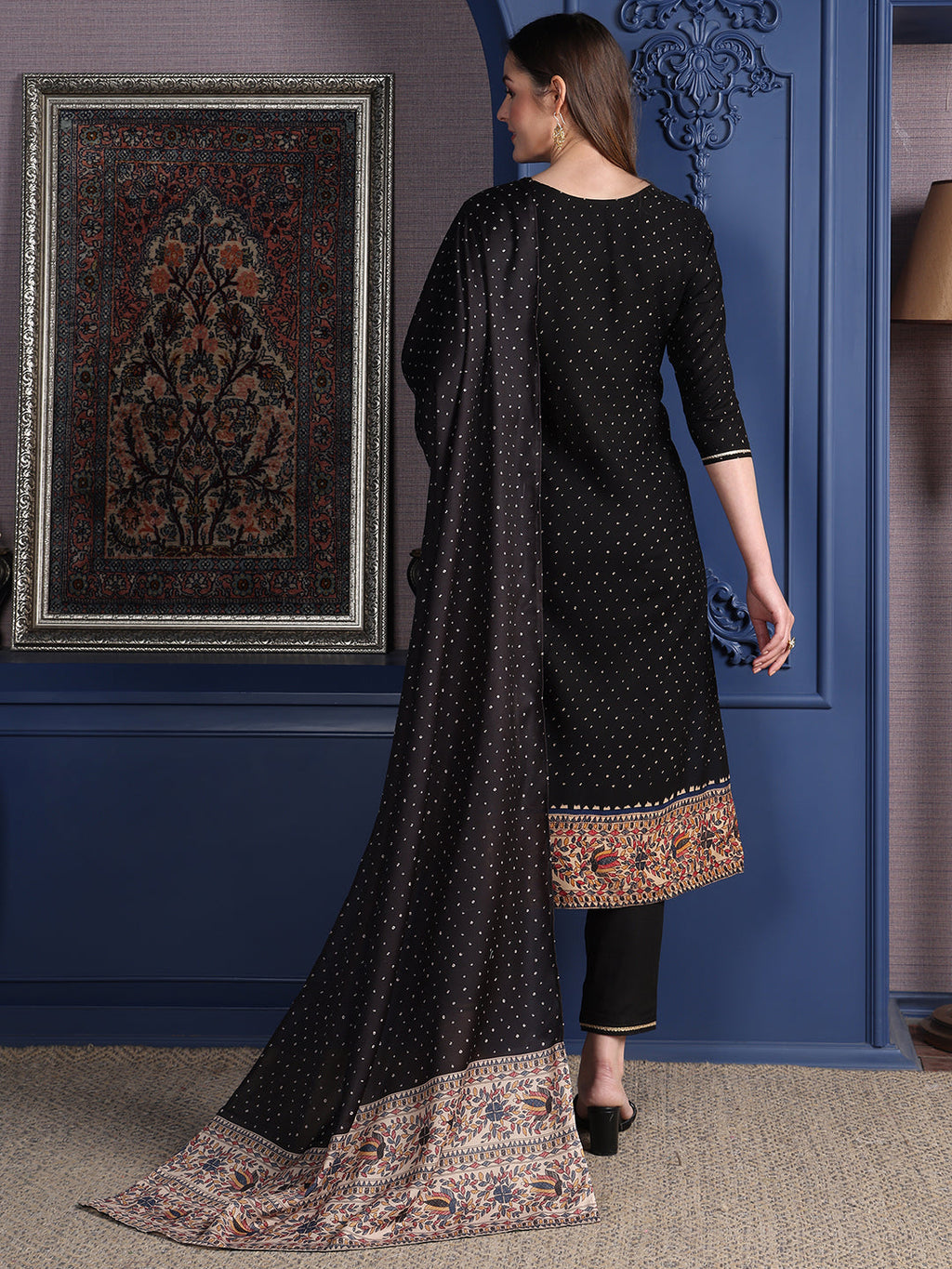 Hand Embroidered & Printed Kurta With Pant & Dupatta, Black - Hiral Fashion | Grocsy