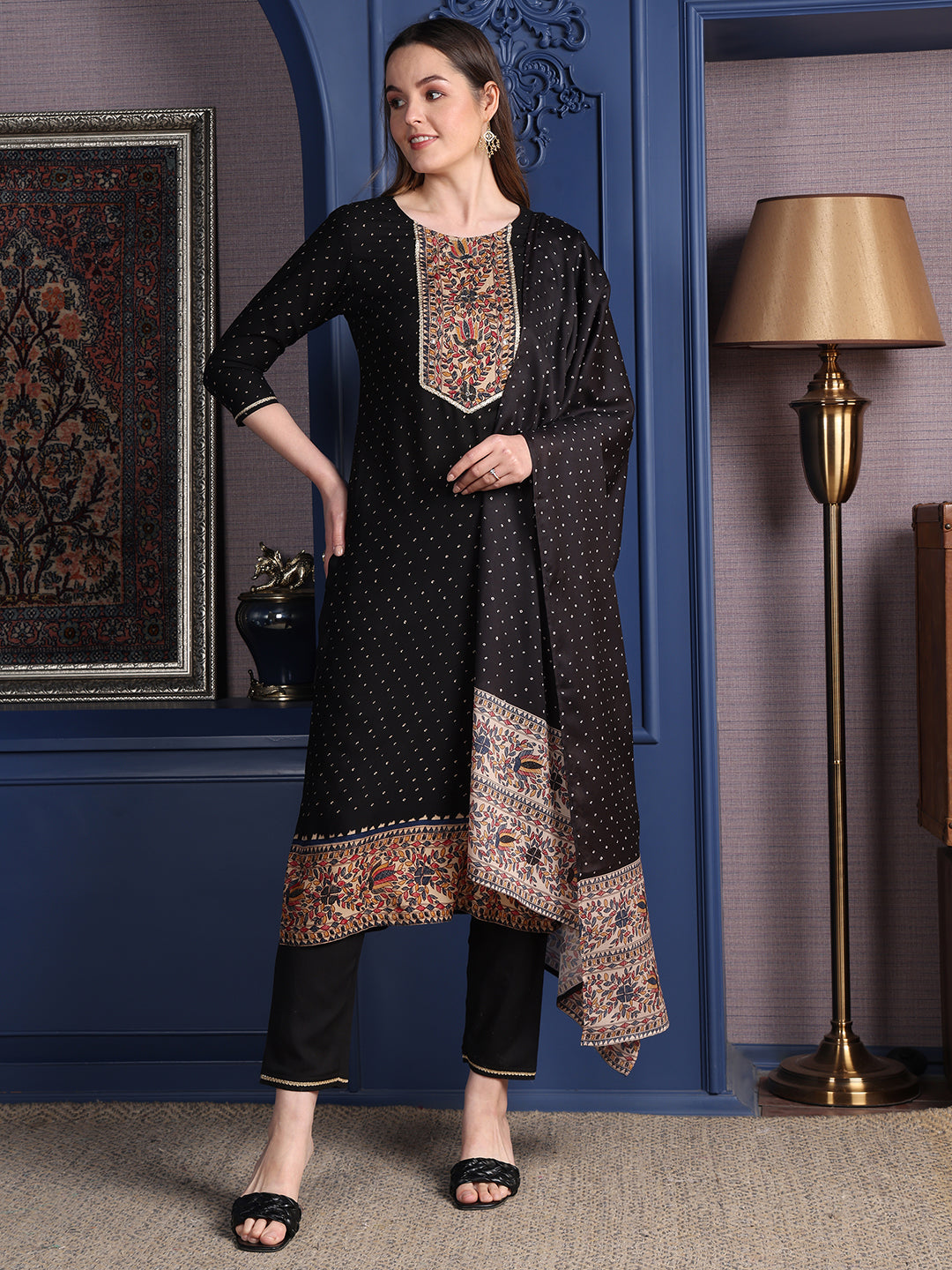 Hand Embroidered & Printed Kurta With Pant & Dupatta, Black - Hiral Fashion | Grocsy
