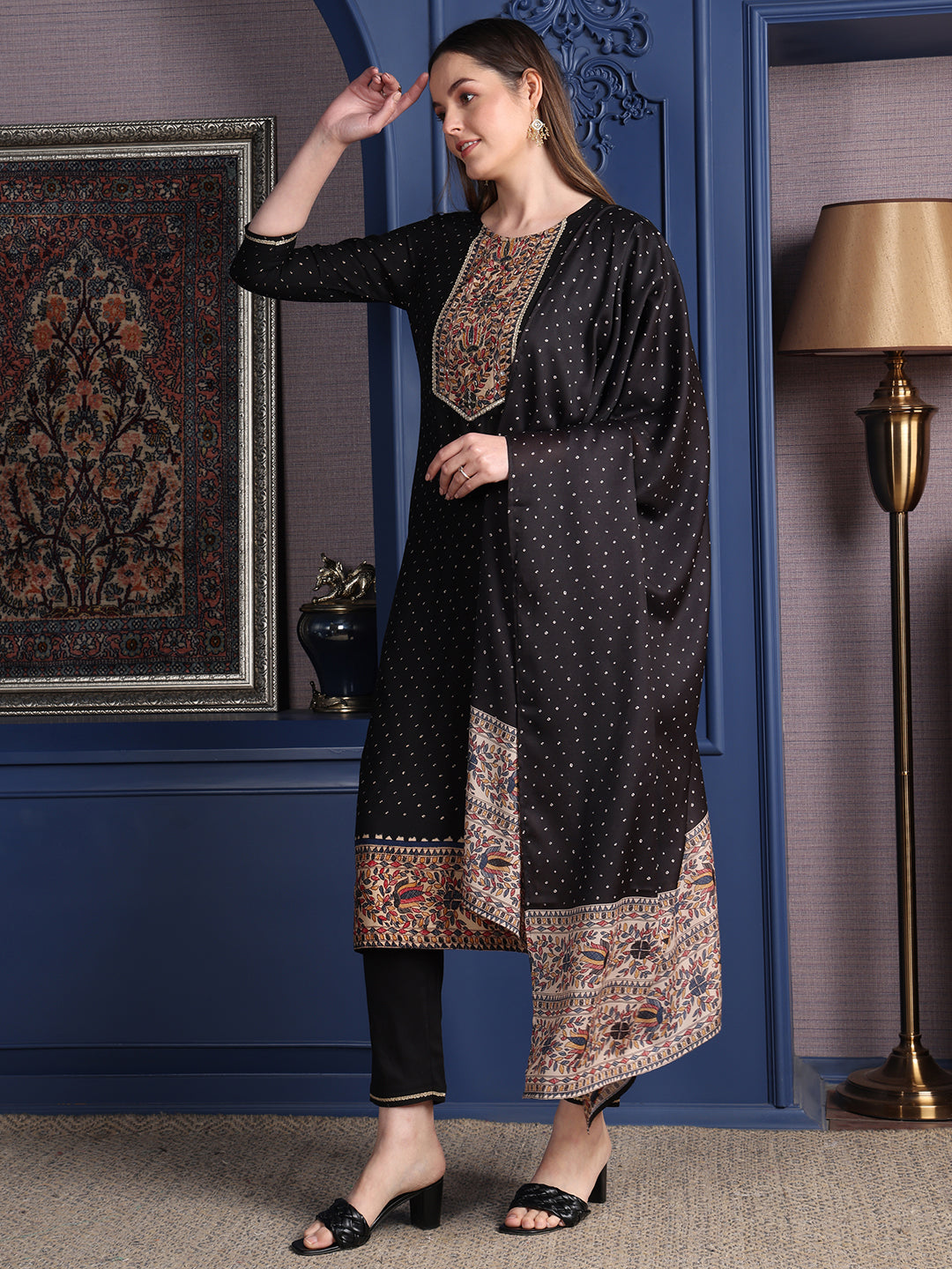 Hand Embroidered & Printed Kurta With Pant & Dupatta, Black - Hiral Fashion | Grocsy