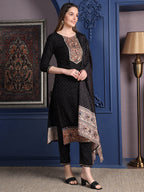 Hand Embroidered & Printed Kurta With Pant & Dupatta, Black - Hiral Fashion | Grocsy