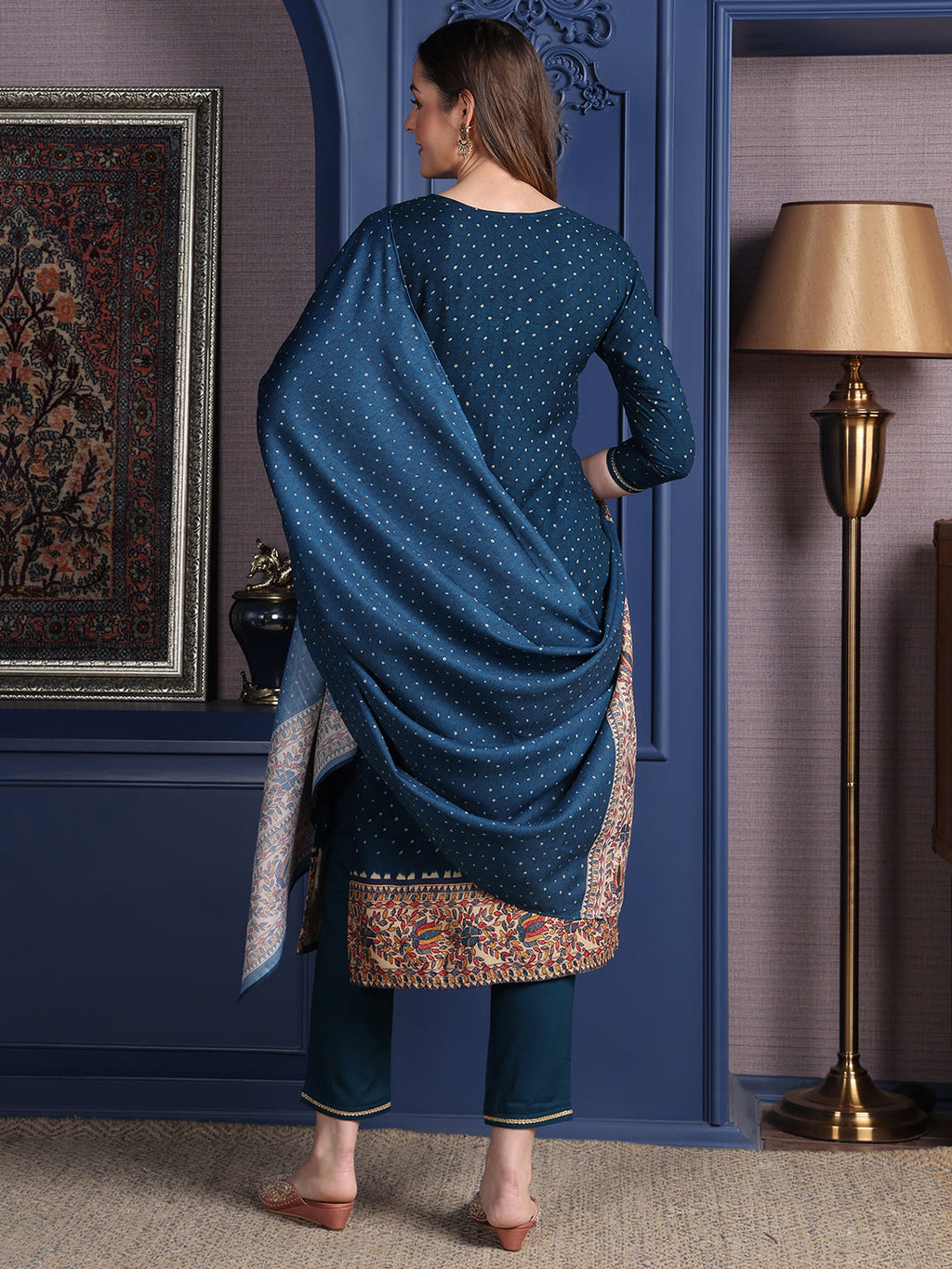 Hand Embroidered & Printed Kurta With Pant & Dupatta, Teal - Hiral Fashion | Grocsy