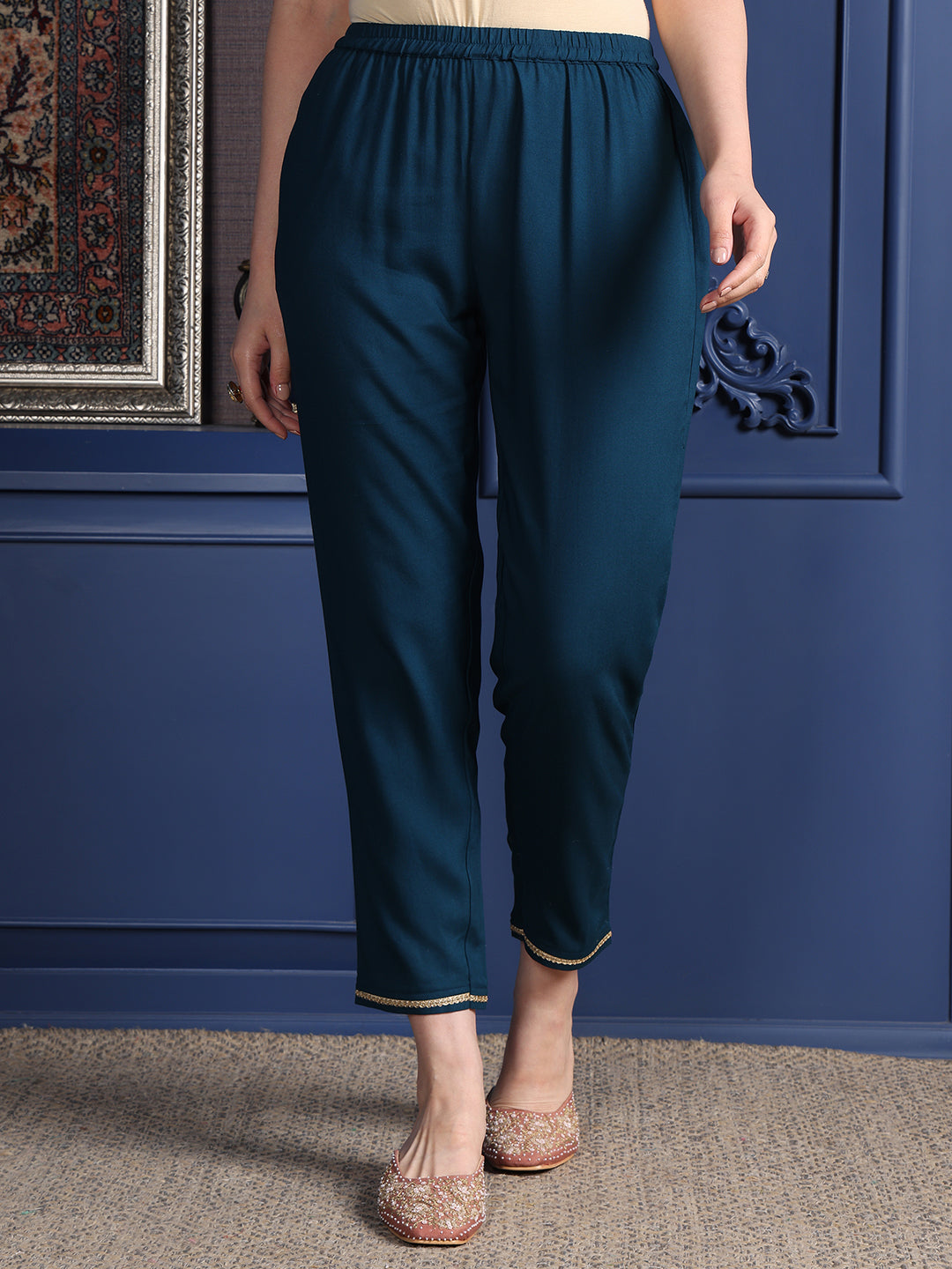 Hand Embroidered & Printed Kurta With Pant & Dupatta, Teal - Hiral Fashion | Grocsy
