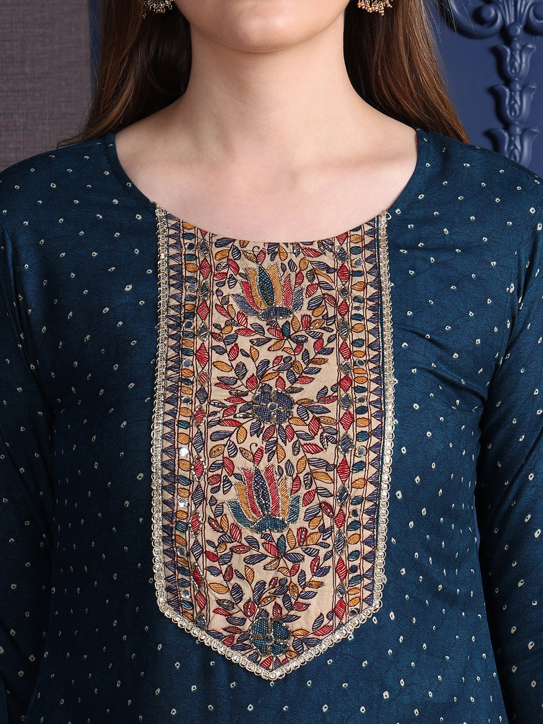 Hand Embroidered & Printed Kurta With Pant & Dupatta, Teal - Hiral Fashion | Grocsy