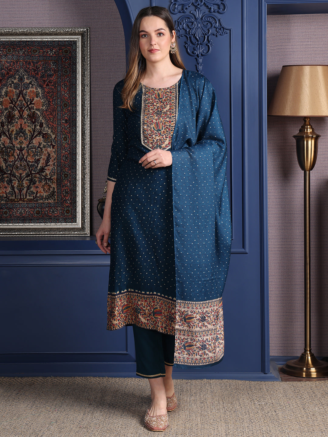 Hand Embroidered & Printed Kurta With Pant & Dupatta, Teal - Hiral Fashion | Grocsy