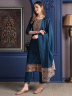 Hand Embroidered & Printed Kurta With Pant & Dupatta, Teal - Hiral Fashion | Grocsy