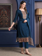 Hand Embroidered & Printed Kurta With Pant & Dupatta, Teal - Hiral Fashion | Grocsy