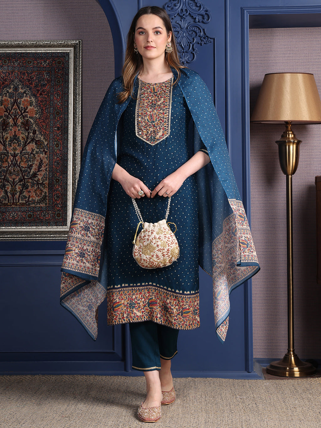 Hand Embroidered & Printed Kurta With Pant & Dupatta, Teal - Hiral Fashion | Grocsy