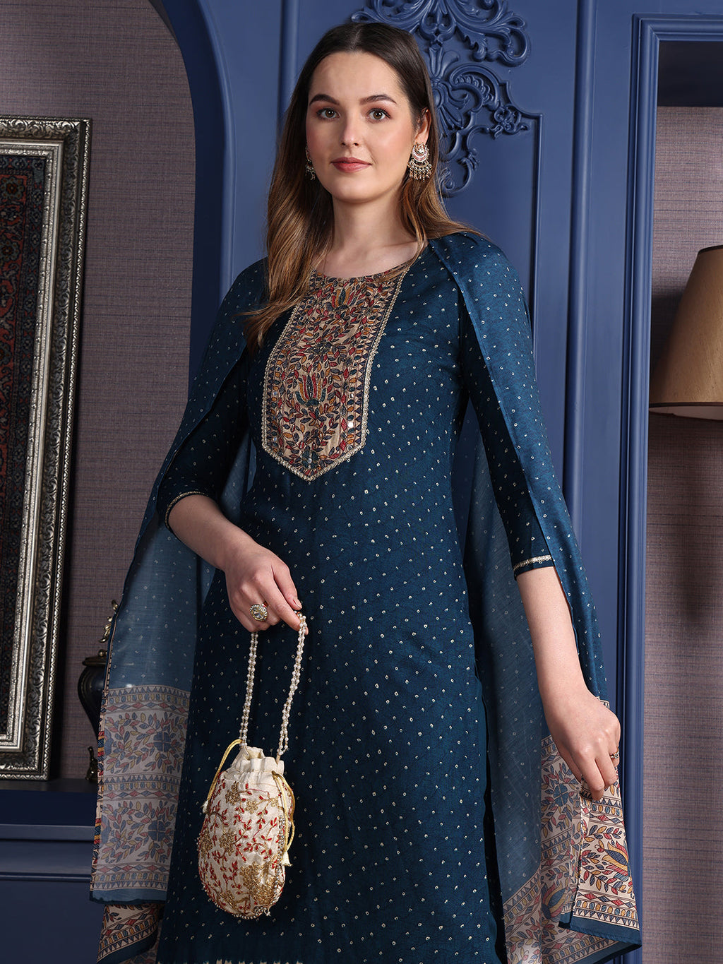 Hand Embroidered & Printed Kurta With Pant & Dupatta, Teal - Hiral Fashion | Grocsy