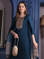 Hand Embroidered & Printed Kurta With Pant & Dupatta, Teal - Hiral Fashion | Grocsy