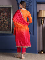 Embroidered Two Toned Kurta With Pant & Embroidered Dupatta, Orange - Hiral Fashion | Grocsy