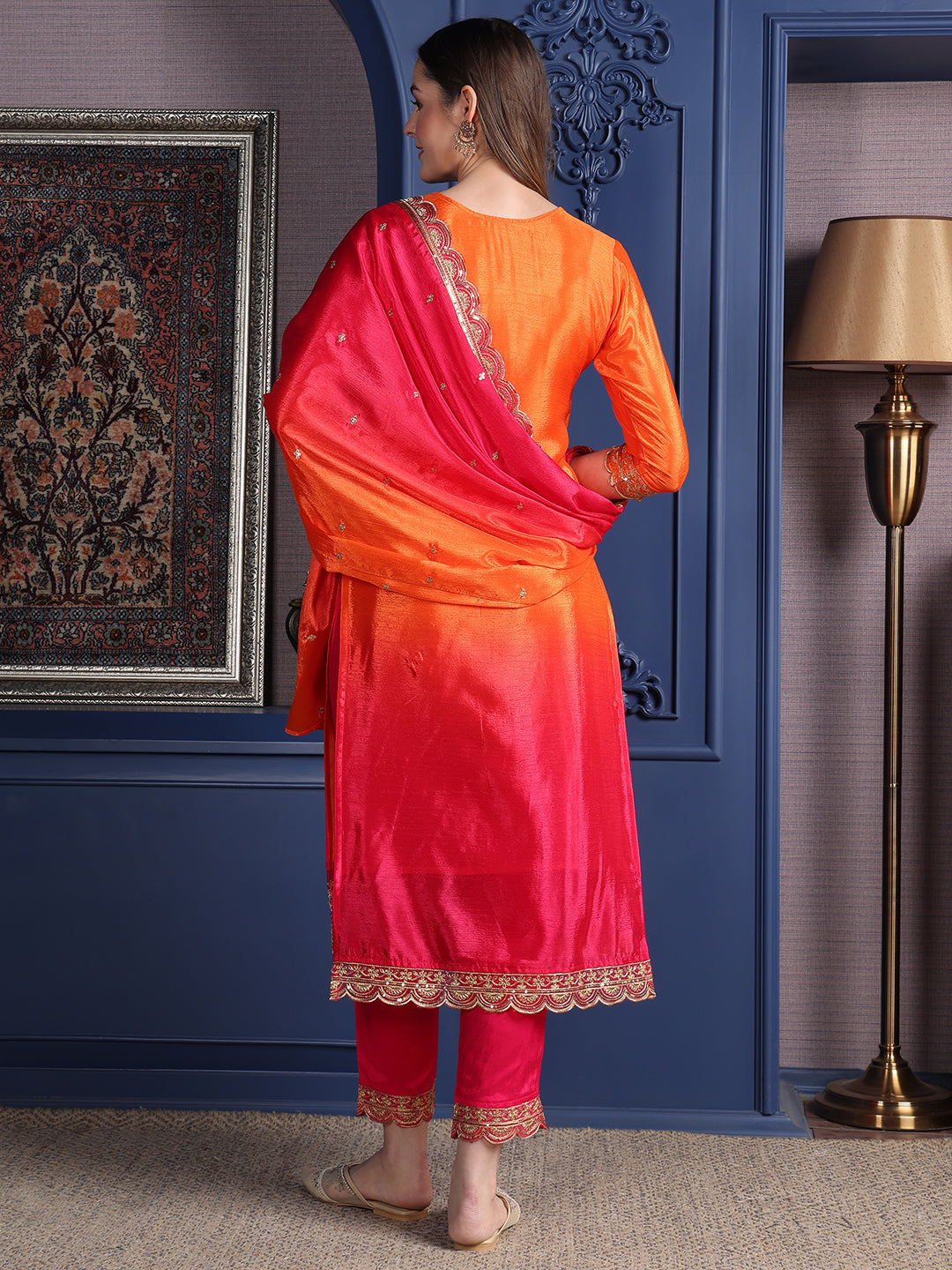 Embroidered Two Toned Kurta With Pant & Embroidered Dupatta, Orange - Hiral Fashion | Grocsy