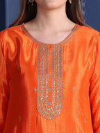 Embroidered Two Toned Kurta With Pant & Embroidered Dupatta, Orange - Hiral Fashion | Grocsy