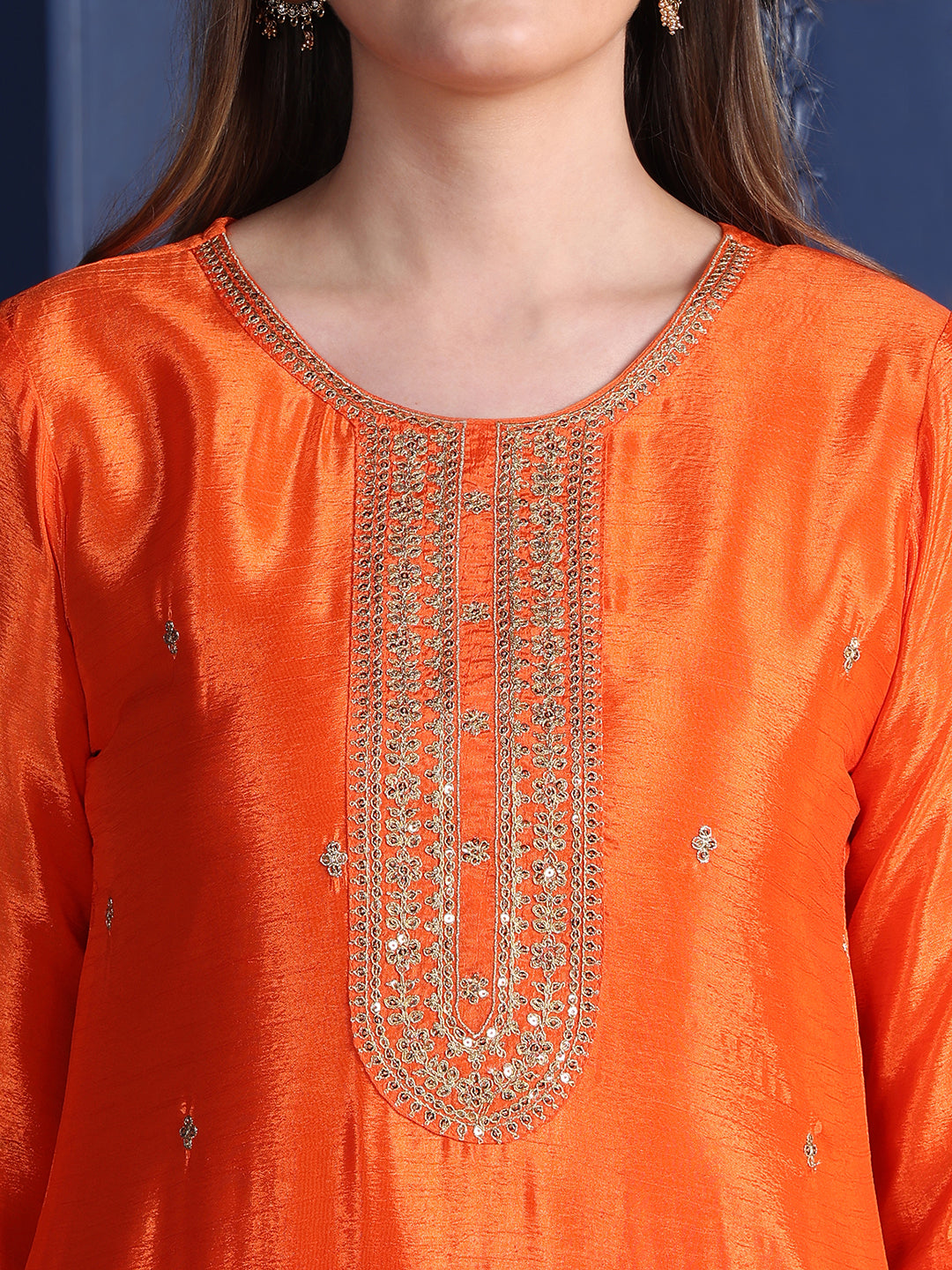 Embroidered Two Toned Kurta With Pant & Embroidered Dupatta, Orange - Hiral Fashion | Grocsy