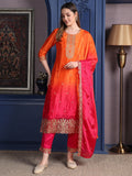 Embroidered Two Toned Kurta With Pant & Embroidered Dupatta, Orange - Hiral Fashion | Grocsy